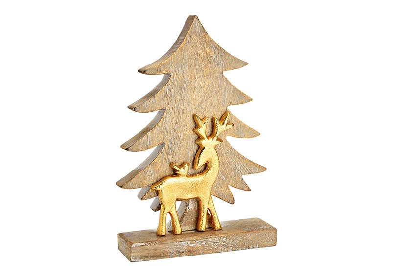 Aufsteller Tannenbaum mit Metall Hirsch aus Mangoholz Gold (B/H/T) 20x30x5cm
