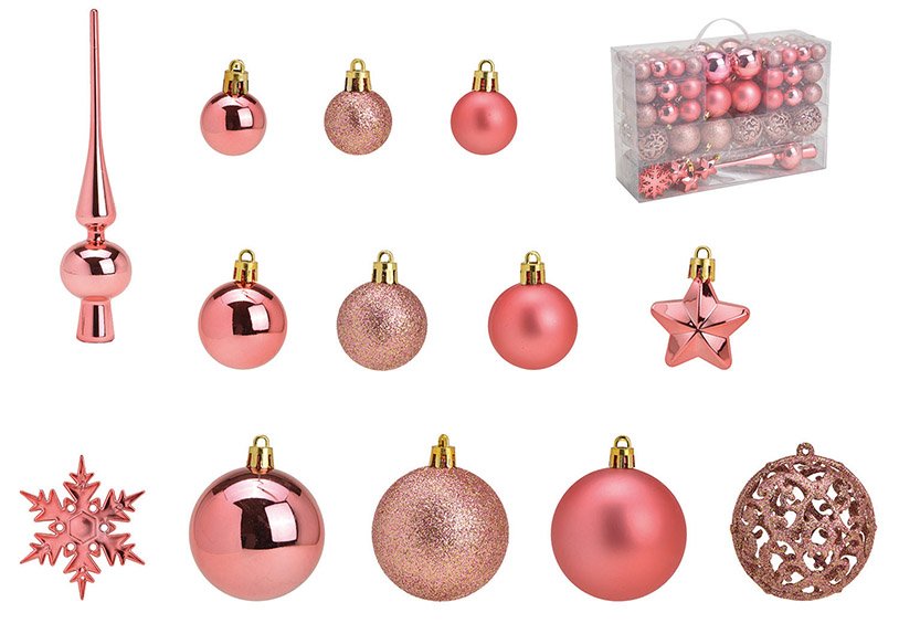 Plastic Christmas ball set orange pink, set of 111, (W/H/D) 23x35x12cm Ø3/4/6cm