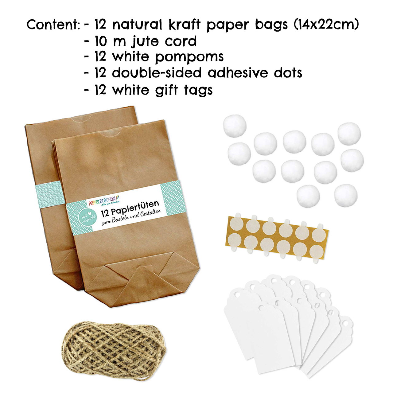 Paashaas zakjes met ponpom DIY papier/karton knutselset, set van 12, bruin/wit (B/H/D) 22x14x1cm Kiste