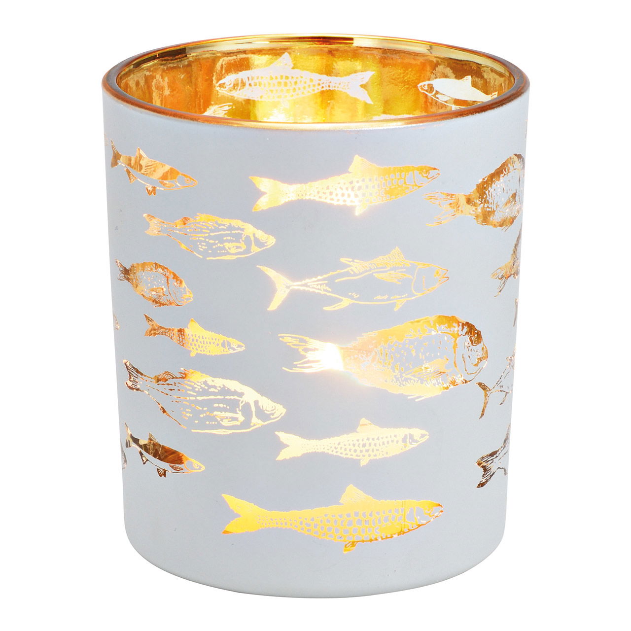 Windlicht Fisch Dekor aus Glas weiß, gold (B/H/T) 9x10x9cm Windlicht Fisch Dekor aus Glas weiß, gold (B/H/T) 9x10x9cm