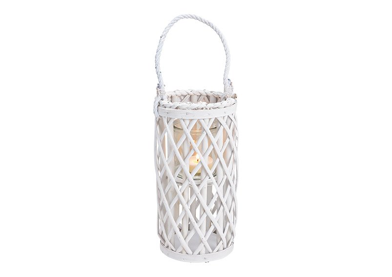 Lantern wickerwork with lantern glass made of natural material white (w / h / d) 15x31x15cm