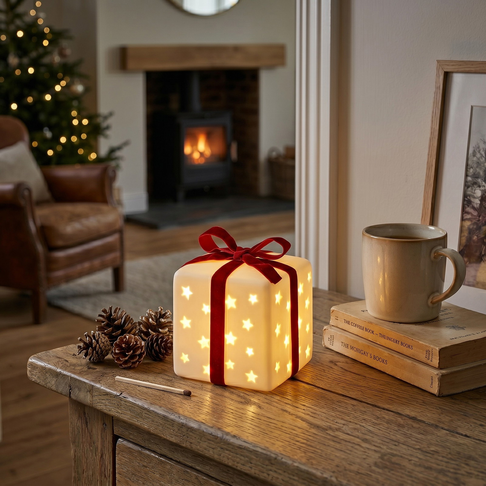 Cadeau avec LED en porcelaine, blanc (L/H/P) 8x10x8cm Fonctionnement sur piles 3xLR44 non incluses geschenk, box, weiß, sterne, rote schleife
