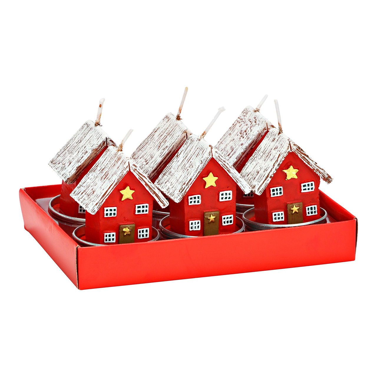 Teelicht mit Haus aus Wachs, 6er-Set, Rot (B/H/T) 4x5x4cm/14x6x9cm