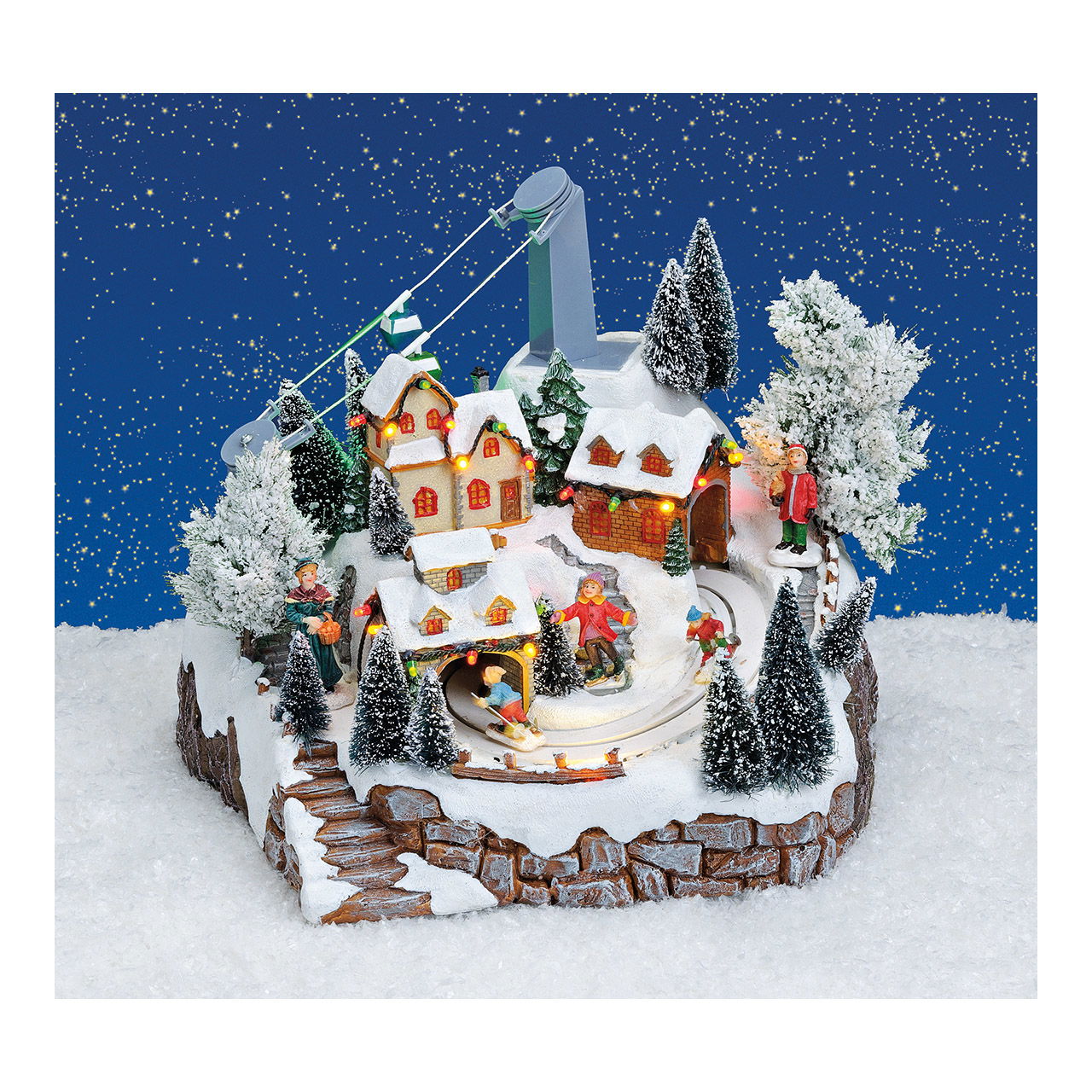 Scène d'hiver Téléphérique avec lumière, musique, mouvement. Téléphérique, skieur en poly 24x25x23cm Scène d'hiver Téléphérique avec lumière, musique, mouvement. Téléphérique, skieur en poly 24x25x23cm