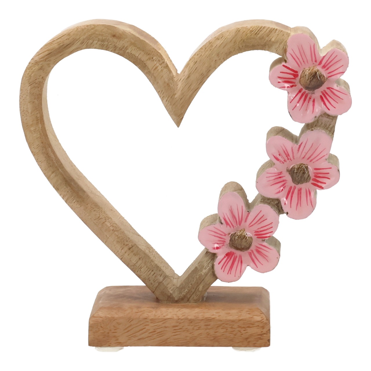 Herz mit Blumen aus Mangoholz Natur (B/H/T) 15x15x5cm herzdeko, holzdeko, blumenornament, rosenblüten, stehendeko