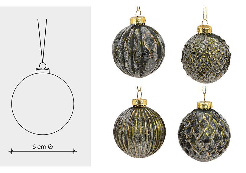 Weihnachtskugel Glitter aus Glas, 4-fach, Grün/Gold Ø6cm Zubehor, Ohrring, Schmuck