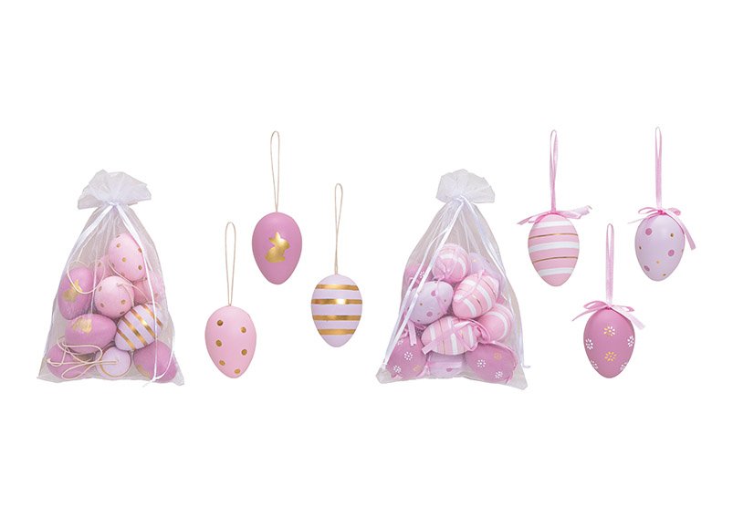 Set appendiabiti uova di Pasqua in plastica rosa/rosa set di 12 in sacchetto di organza, 2 pieghe, (L/H/D) 4x6x4cm