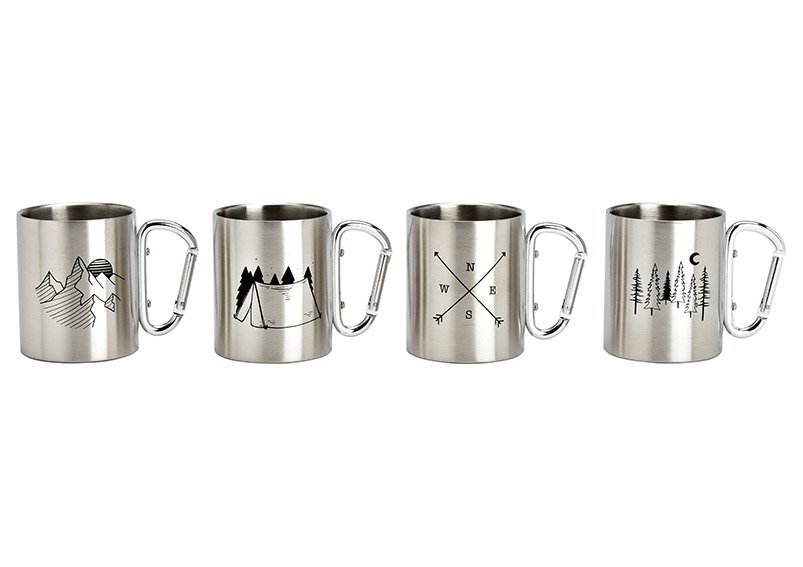 Stainless steel mug with carabiner, Travel, double-walled metal 4-fold, (W/H/D) 8x9x4cm