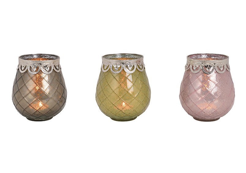 Glazen lantaarn gekleurd 4-voudig, grijs, groen, roze, wit (B/H/D) 16x19x16cm Ø16cm