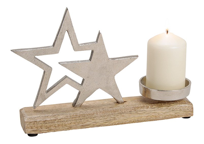 Candeliere di metallo/legno di mango, decorazione di stelle, argento (w/h/d) 25x16x5cm