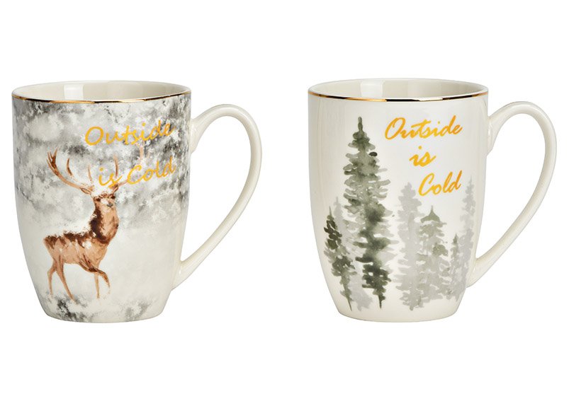 Mug, winter forest, deer decor, Outside is cold. from porcelain white 2-fold, (W/H/D) 12x10x8cm 350ml