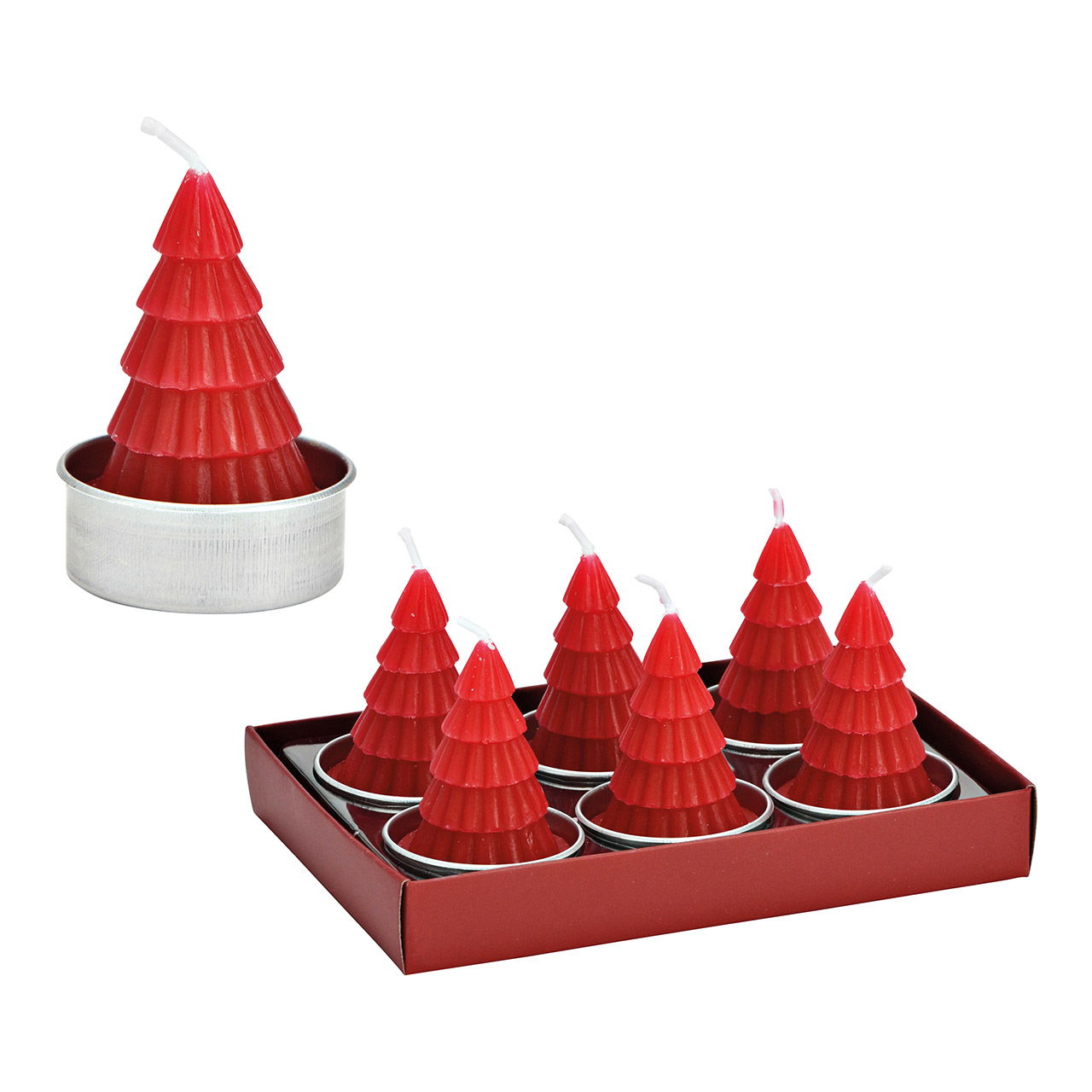 Set de 6 bougies chauffe-plat Sapin, en cire rouge (L/H/P) 4x6x4cm