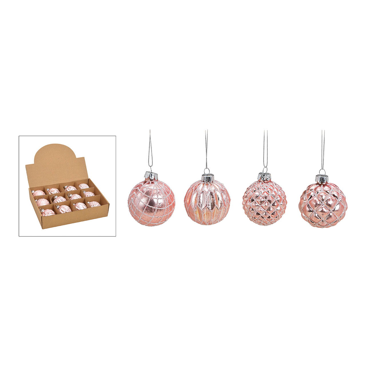 Weihnachtskugel Glitter aus Glas, 4-fach, Pink/Silber Ø6cm Zubehor, Ohrring, Schmuck