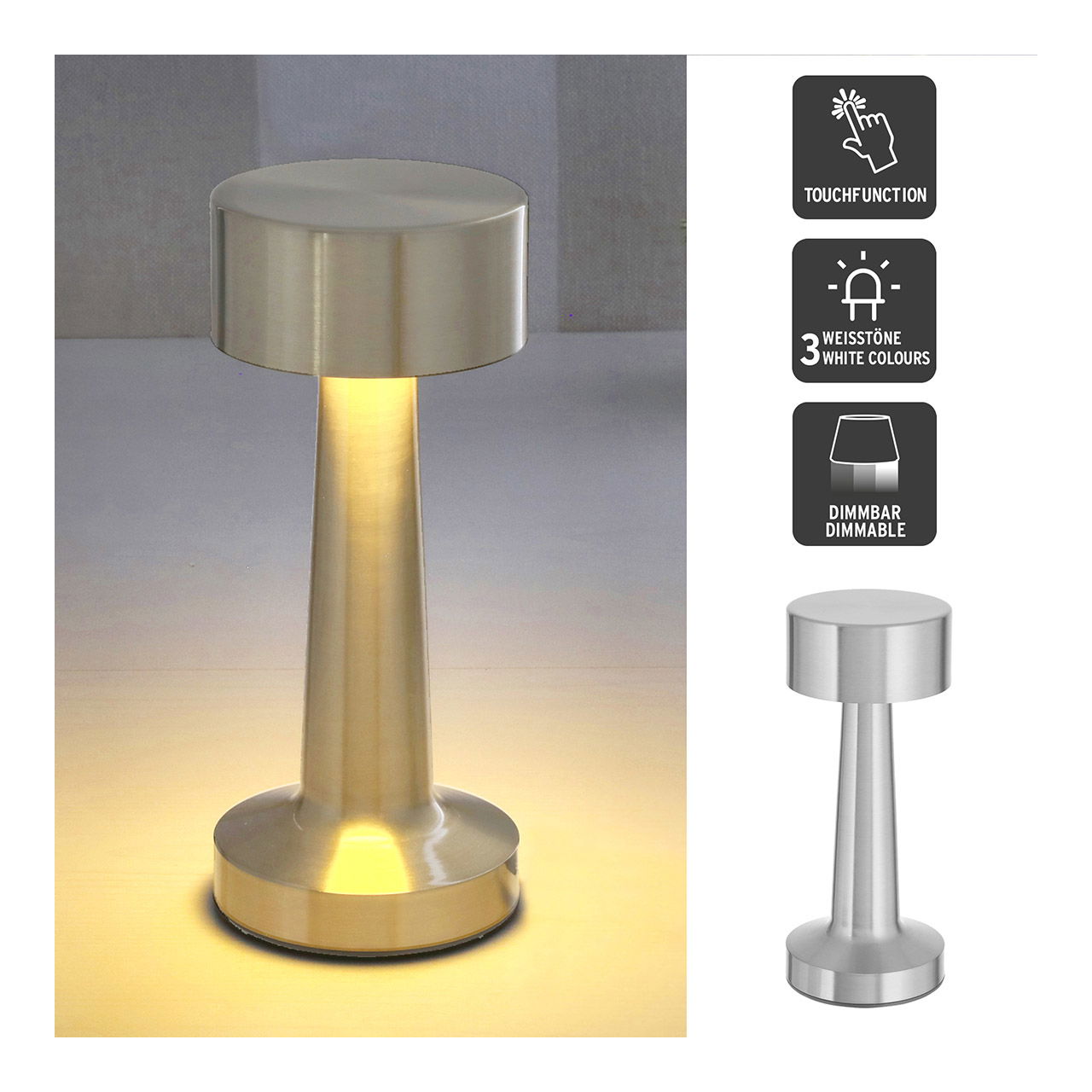 LED table lamp TOUCH, indoor, USB, iron, 20LEDs 3w, infinitely dimmable, silver (W/H/D) 9x21x9cm 1m USB supply cable