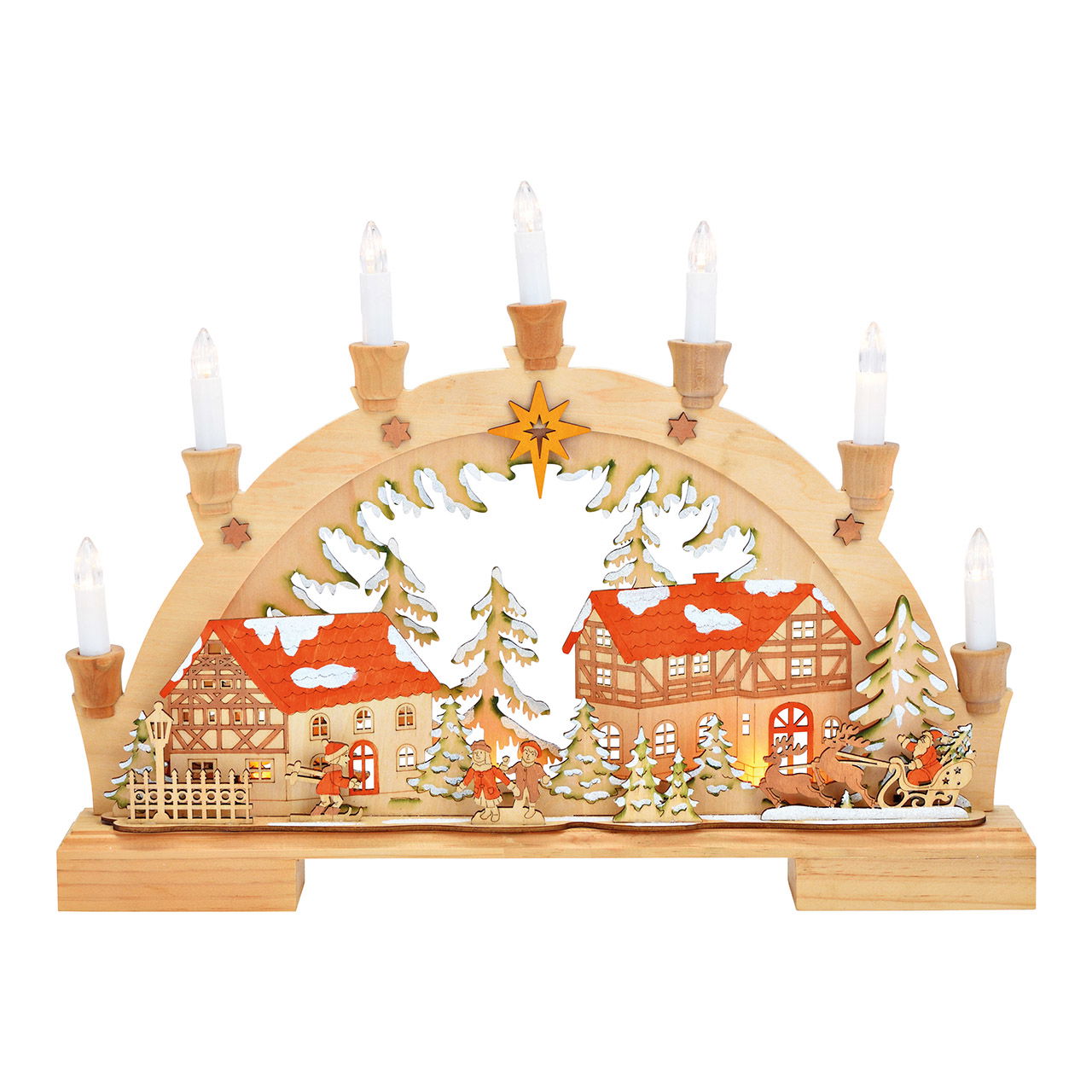 Lichterbogen Winterszene mit 7er LED aus Holz Natur (B/H/T) 45x33x6cm