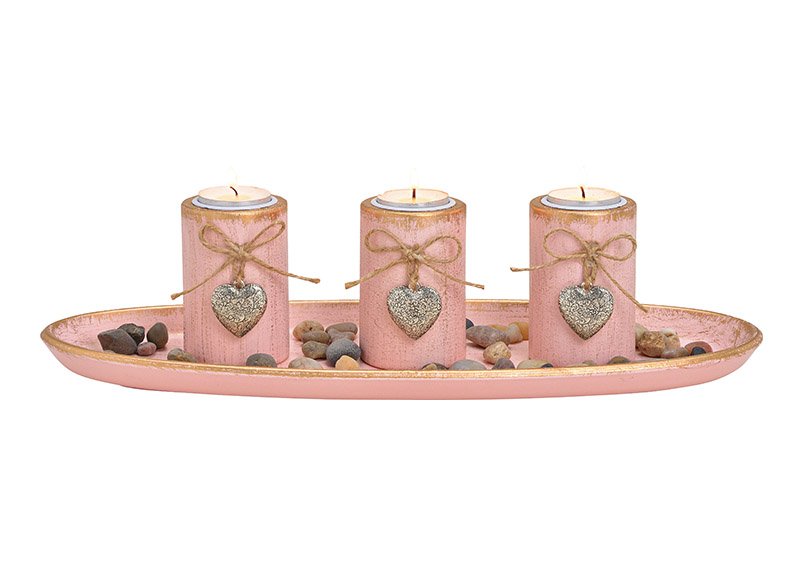 Tealight holder with decorative stones made of wood pink / pink set, (w / h / d) 39x12x15cm