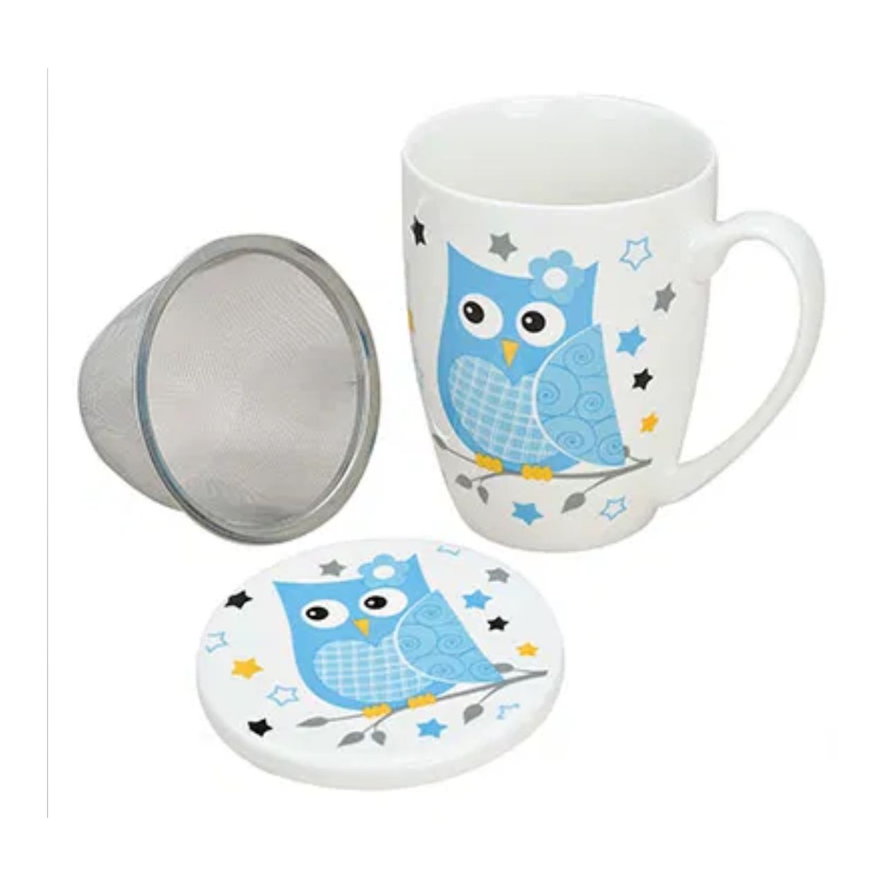 Tea mug owl with lid and metal strainer, made of porcelain, 10 cm Pokal, Kunst, Porzellan, Töpferei