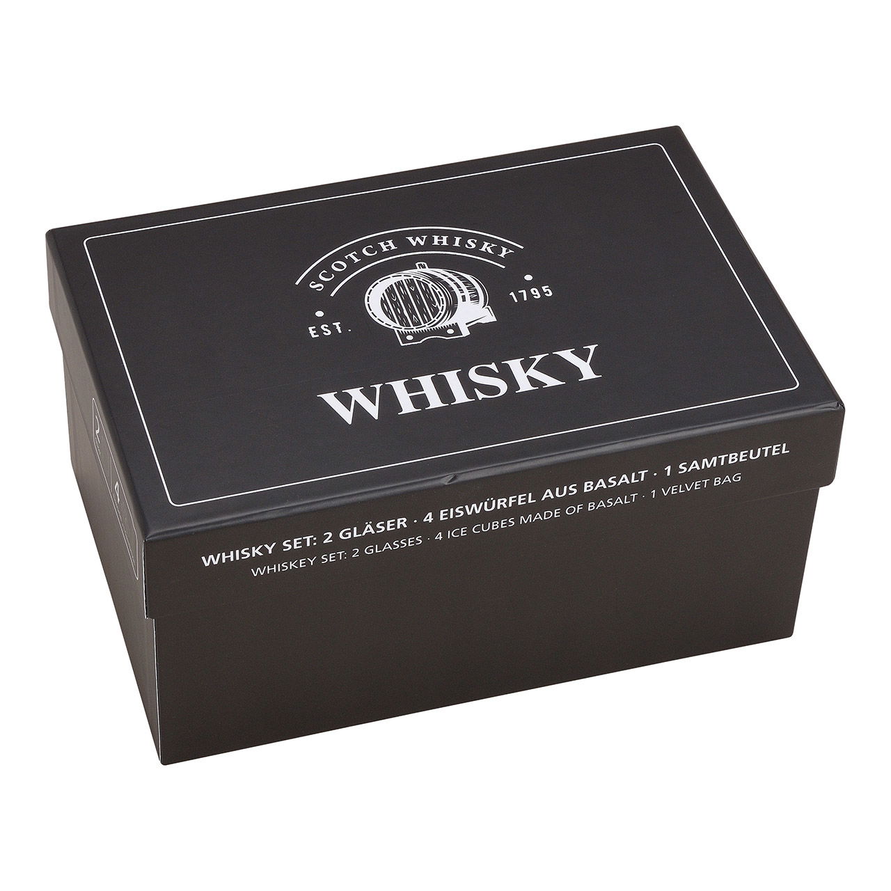 Whisky steen set, basalt stenen ijsblokje, 2cm, 4 blokjes met 2 glazen, 9x8x9cm, 300ml, 23,6x11,5x15,8cm