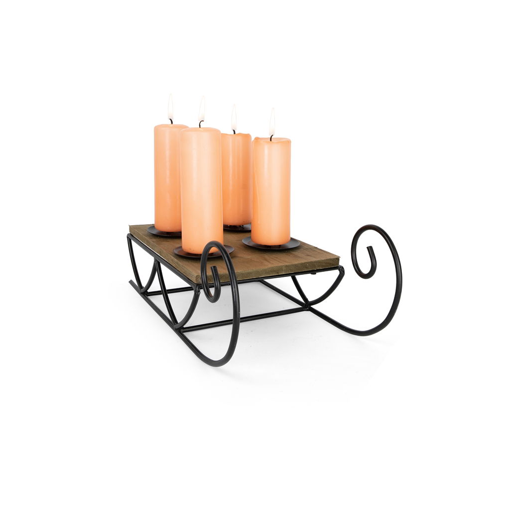 Schlitten mit 4 Kerzentellern , Metall, 31x14.5x11cm, 1 Stck, natur-schwarz Kerze