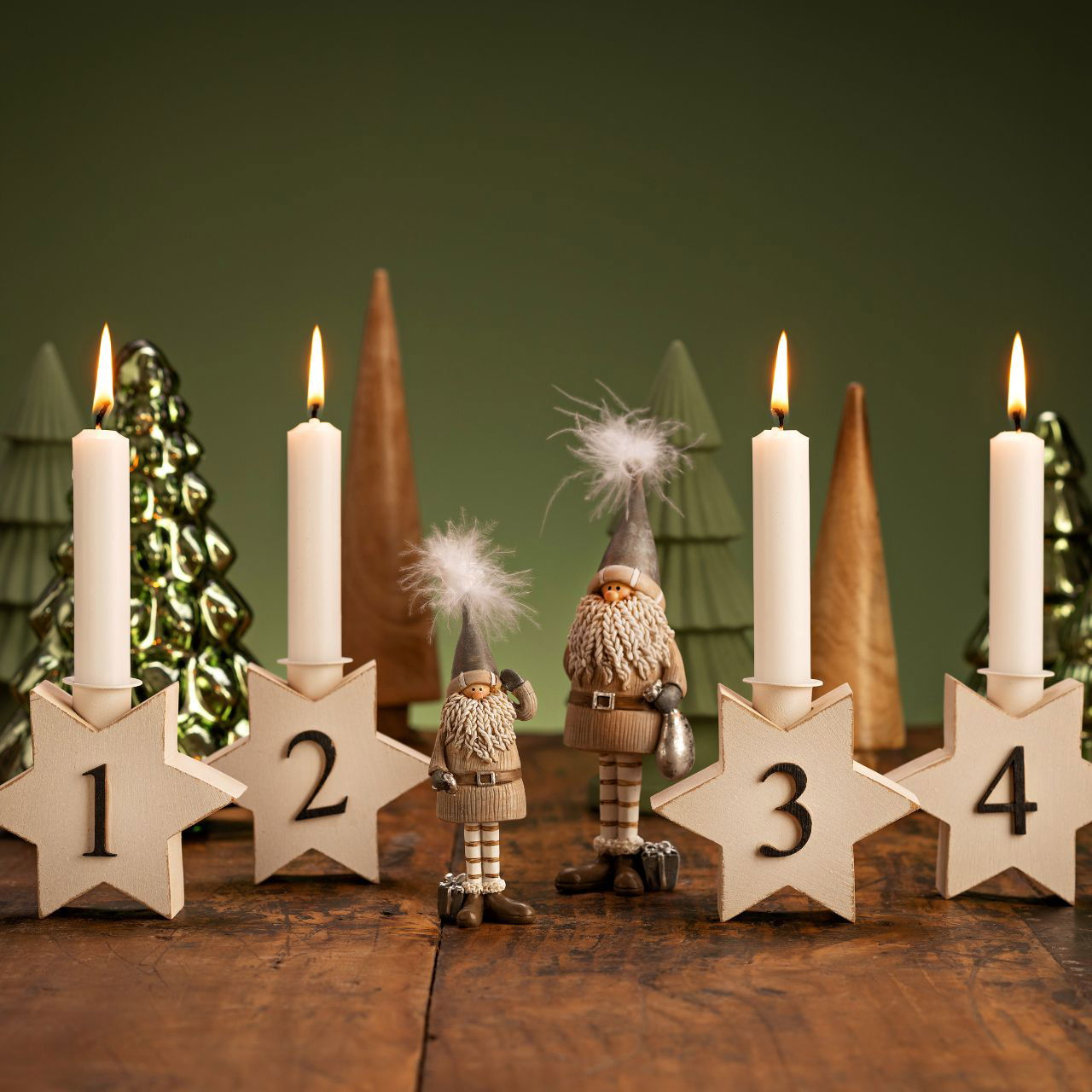 Advent decoratie ster 11x9x4cm set van 4, gemaakt van hout wit (B/H/D) 43x9x4cm