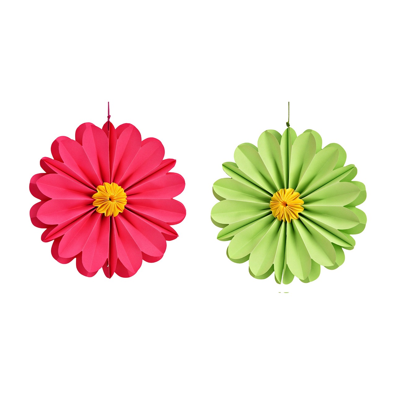Enfeite de papel/cartão em forma de flor, duplo, verde/rosa (L/A/P) 20x20x6 cm Papierblume, hängende Dekoration, Blütenform, Pink und Grün, gelbe Mitte