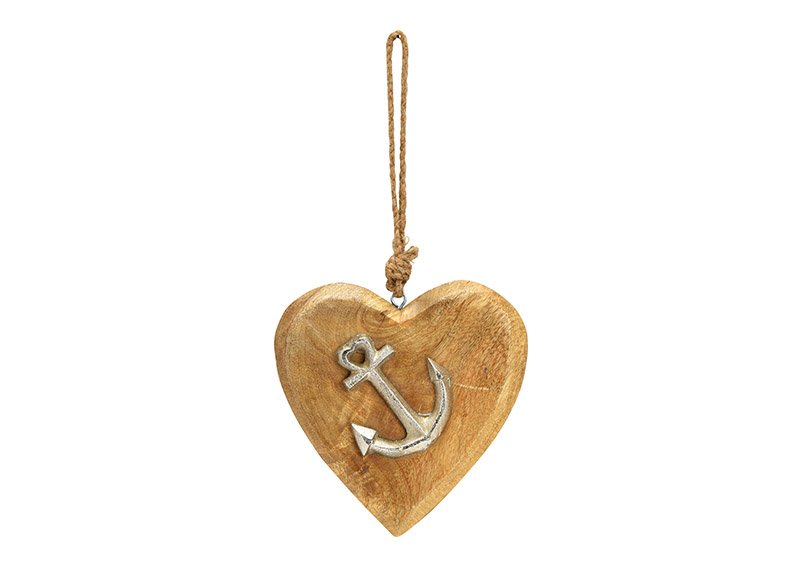 Suspension cœur décor marin, en bois de manguier, métal naturel (L/H/P) 14x14x2cm