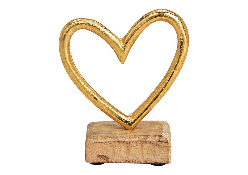 Cuore su legno di mango base di metallo oro (c/h/d) 11x13x5cm
