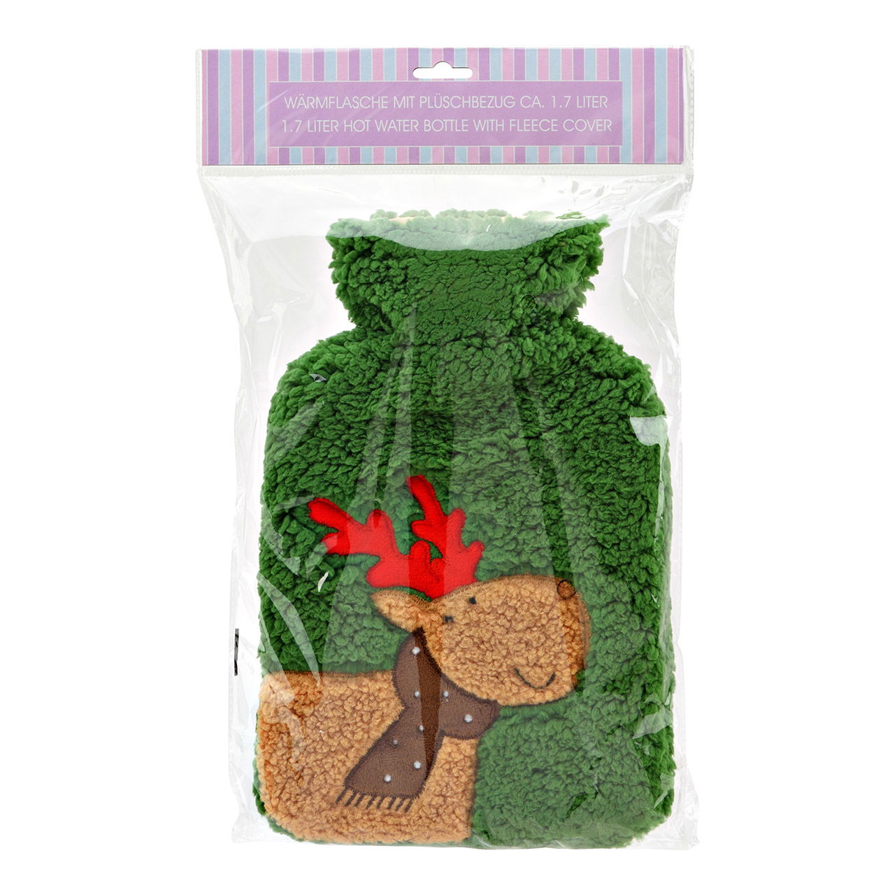 Bottiglia dell'acqua calda con decoro alce e copertura in peluche da 1,7L in plastica, verde (L/H/D) 21x33x5cm