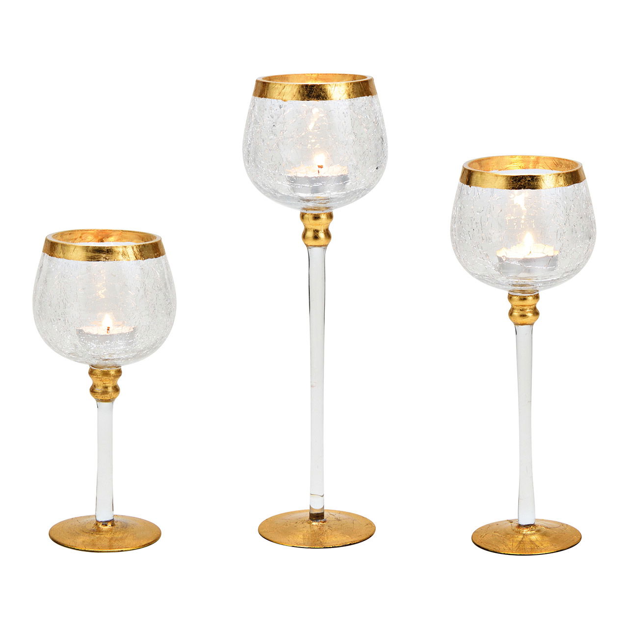 Windlicht Set Kelch cracking aus Glas Transparent, gold 3er Set, 20cm/25cm/30cm x Ø9cm