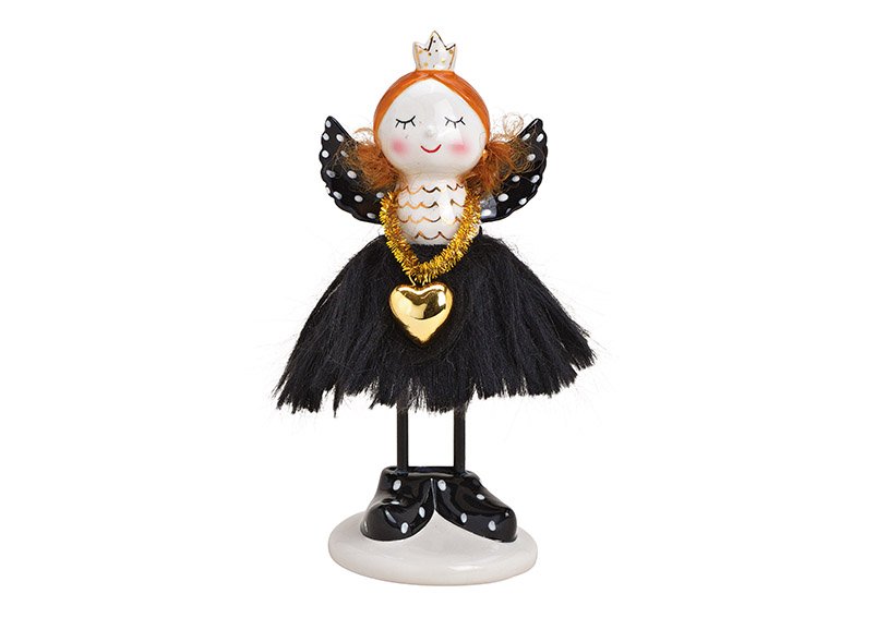 Angel with fake fur skirt made of ceramic black, white (w / h / d) 8x18x6cm