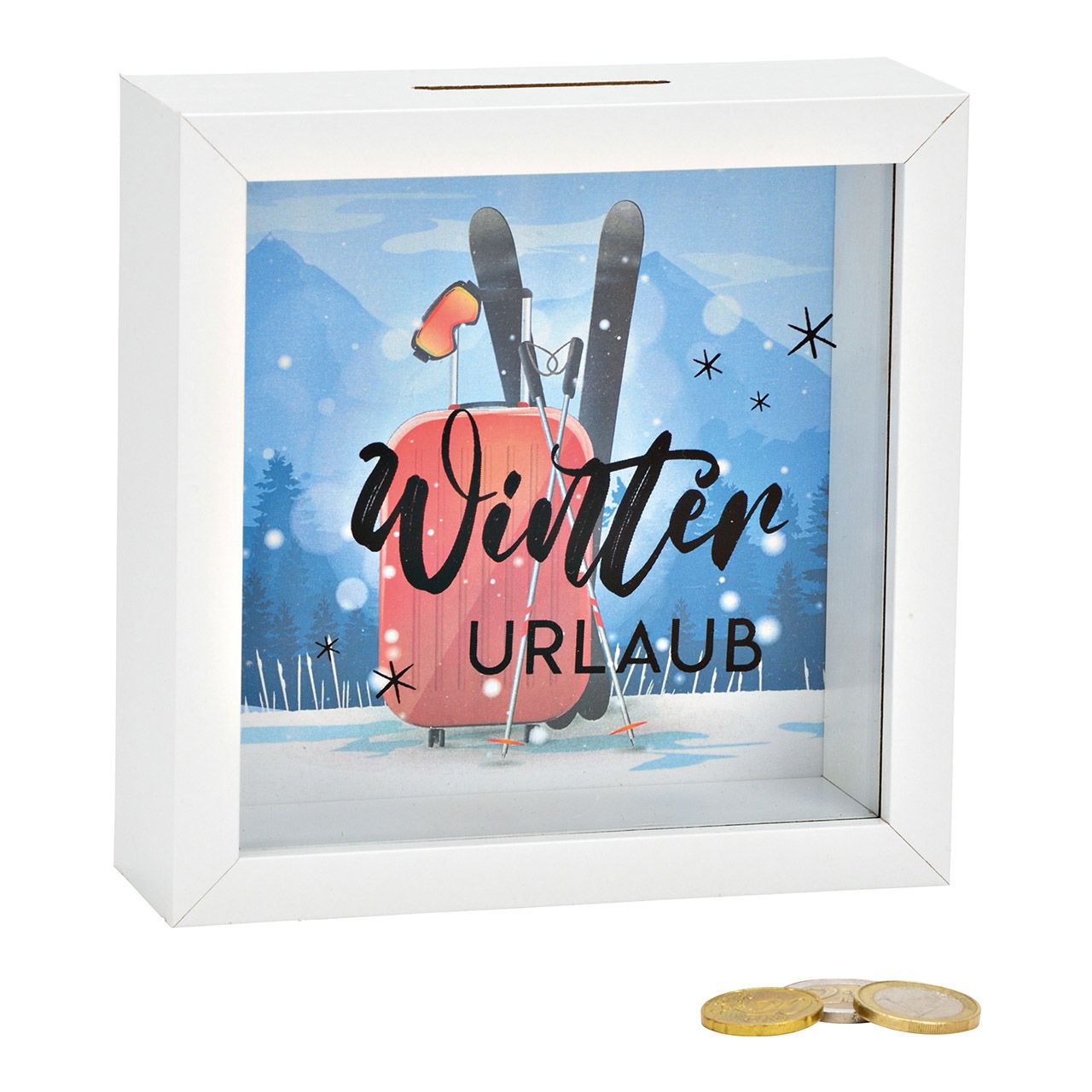 Saving bank Winter URLAUB made of wood, glass white 15x15x5cm