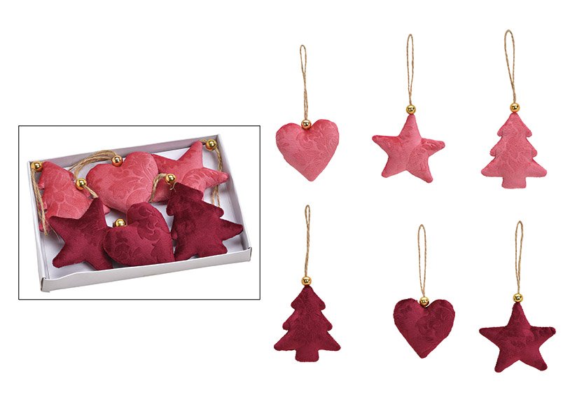Set de pendentifs arbre, coeur, étoile 6x7x2cm en textile Bordeaux, rose 6pcs, (l/h/p) 17x12x2cm