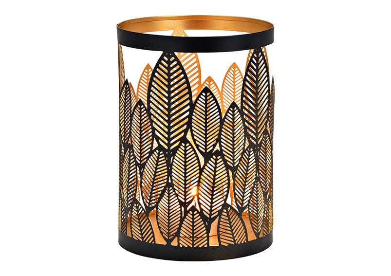 Lantern leaf decor metal black, gold (W/H/D) 13x18x13cm