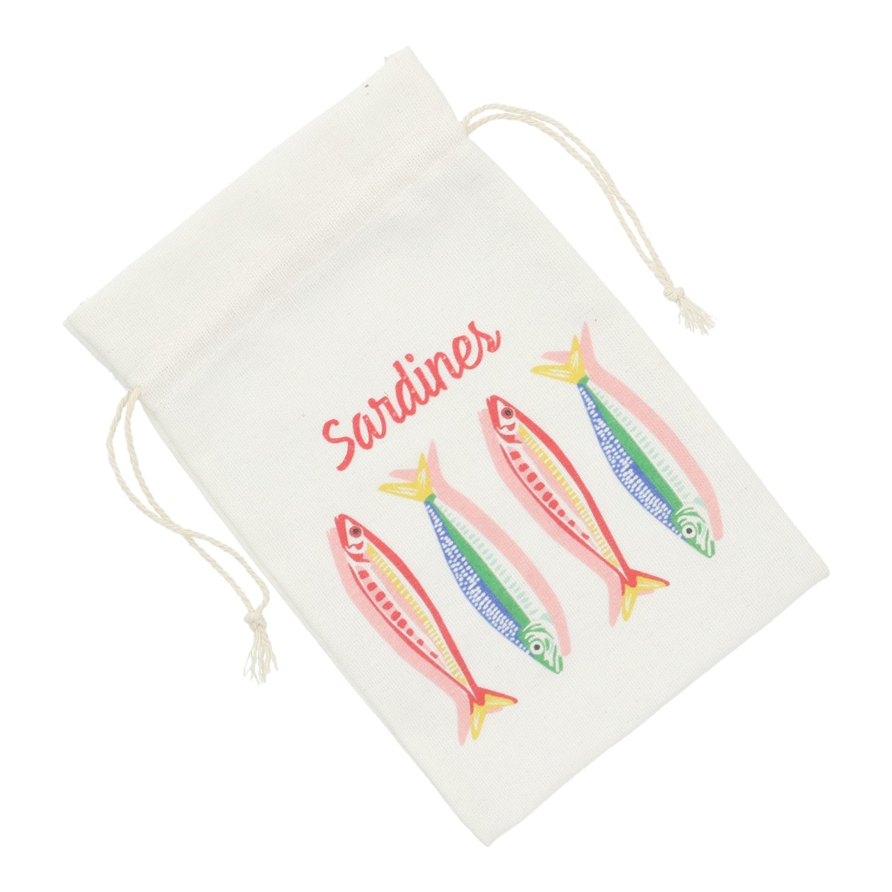 Sachet à sardines en tissu blanc (L/H/P) 11 x 0,1 x 18 cm canvas bag, drawstring bag, Fischmuster, Sardine, Leinen Tasche