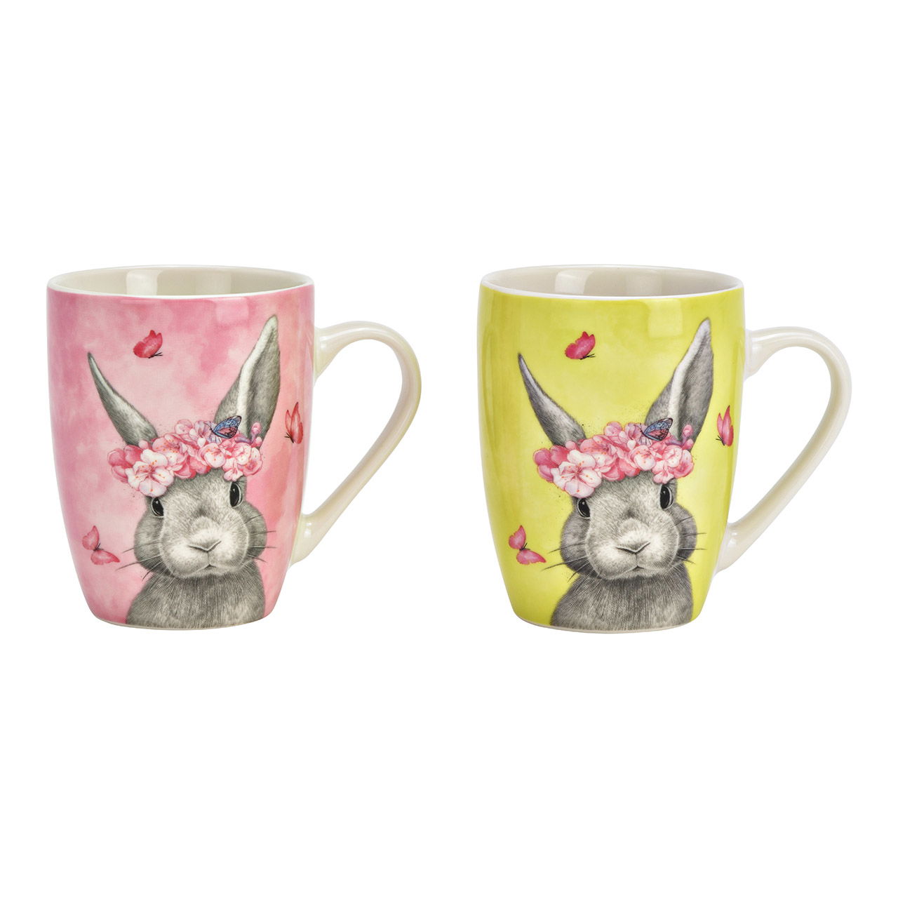 Becher Hase Dekor aus Porzellan, 2-fach, Pink/Grün (B/H/T) 12x11x8cm 360ml