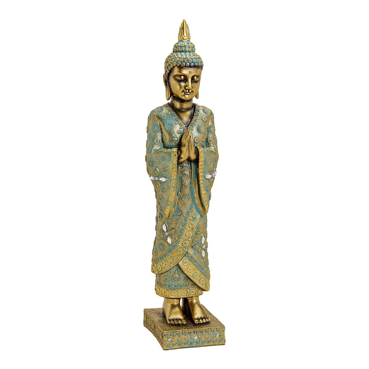 Buddha stehend auf Sockel aus Poly Gold (B/H/T) 13x55x13cm Buddha stehend auf Sockel aus Poly Gold (B/H/T) 13x55x13cm