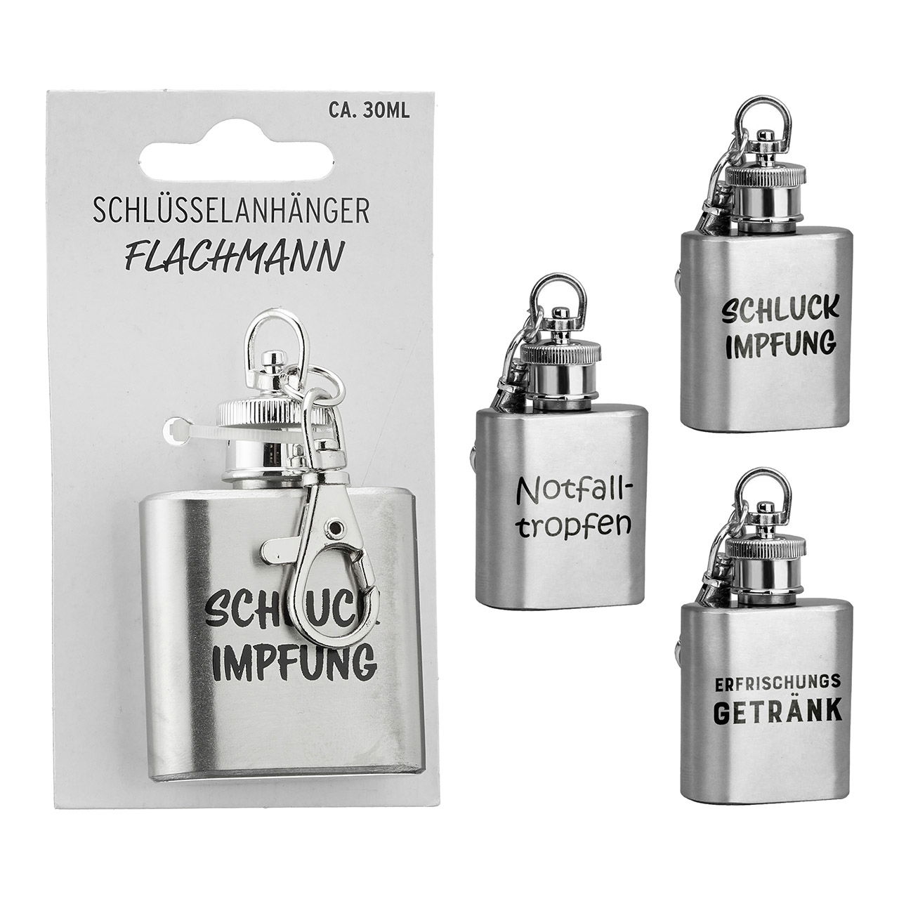 Schlüsselanhänger Flachmann Sprüche aus Metall silber 3-fach, (B/H/T) 24x24x72cm 30ml Schlüsselanhänger Flachmann Sprüche aus Metall silber 3-fach, (B/H/T) 24x24x72cm 30ml