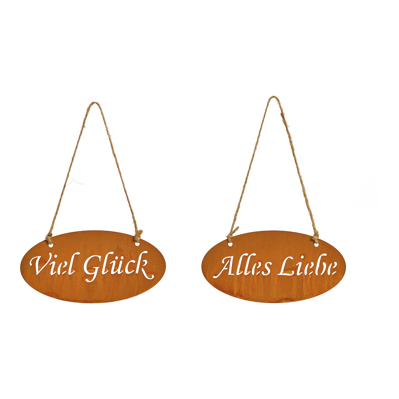 Pendentif rouillé, Alles Liebe, Viel Glück, en métal brun 2 fois, (L/H) 20x10cm