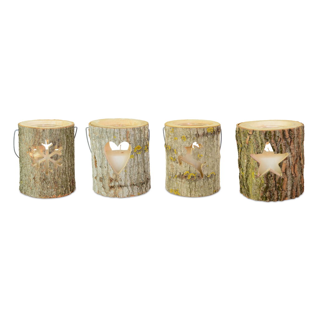 Lanterna con vetro e candela (su 1/2 pallet di legno), 4 motivi assortiti, legno, 21x26 cm, 1 pz, , @ Pflanze, Baum, Tasse, Baumstumpf