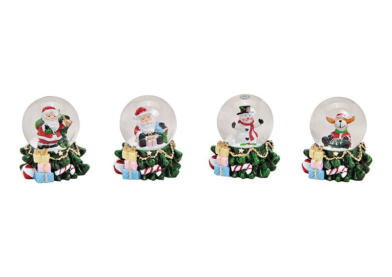 Schneekugel Weihnachtsfiguren auf Baum Sockel aus Glas, Poly Bunt 4-fach, (B/H/T) 6x6x6cm