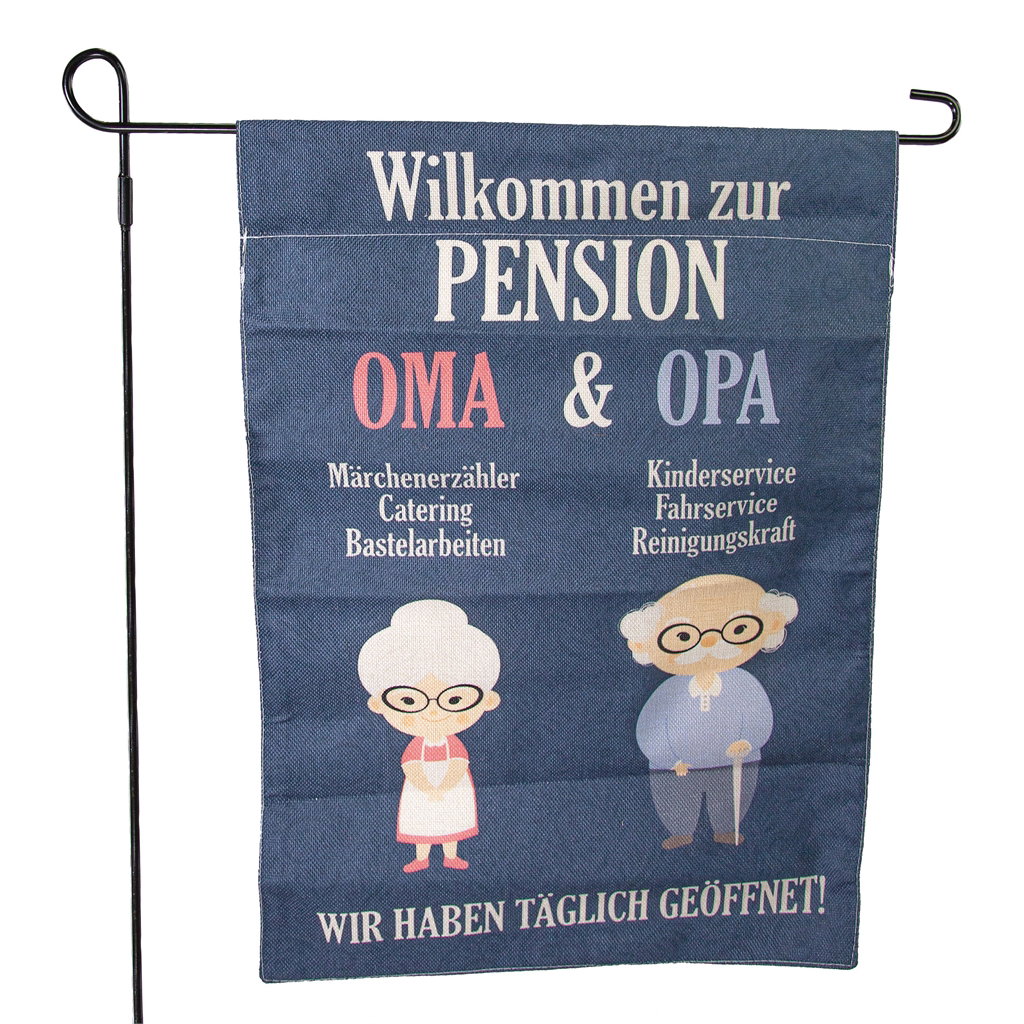 Gartenfahne mit Stab Person, Werbung