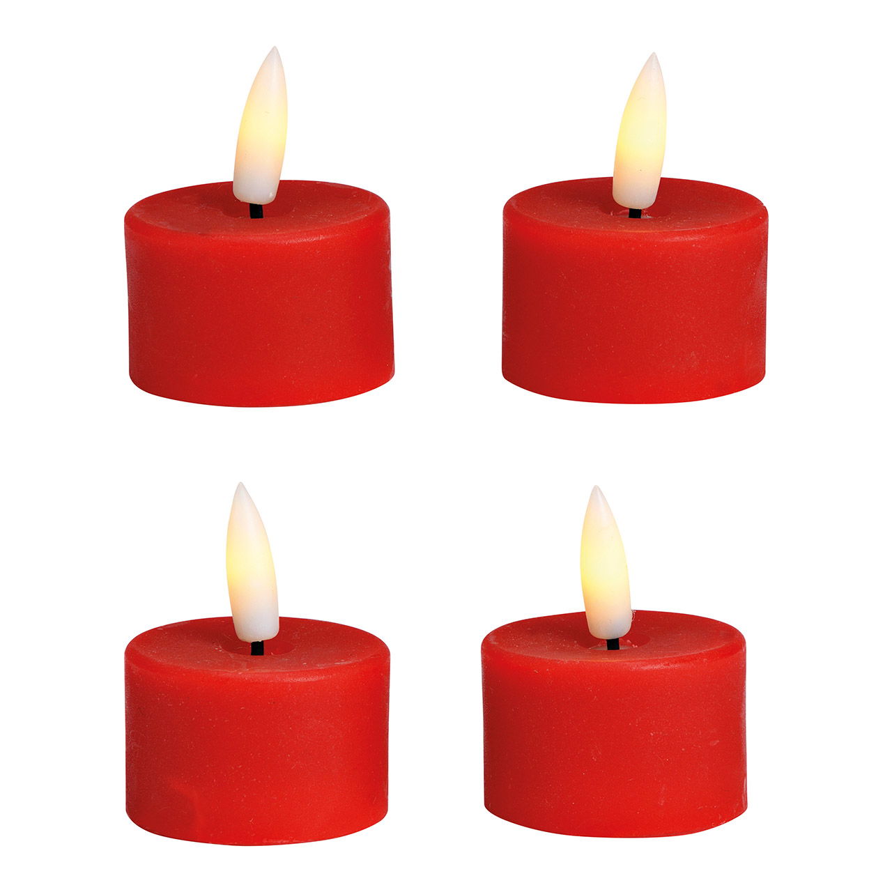 Set di 4 tea light a LED, in cera rossa (L/H/D) 4x4x4cm Funzionamento a batteria 4xCR2032 non inclusa