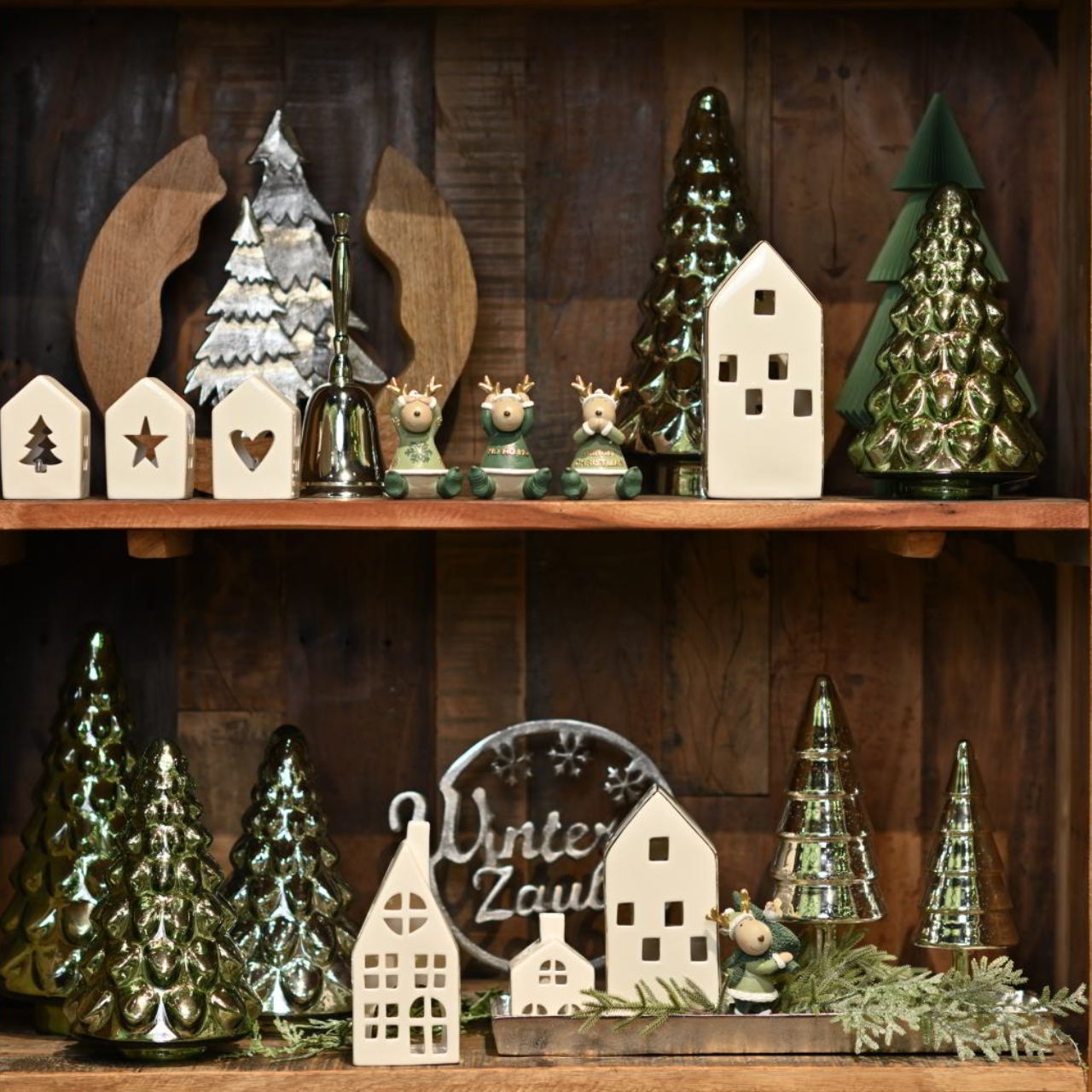 Green glass Christmas tree (W/H/D) 14x23x14cm deko, weihnachten, miniatur, haus, kiefernadel