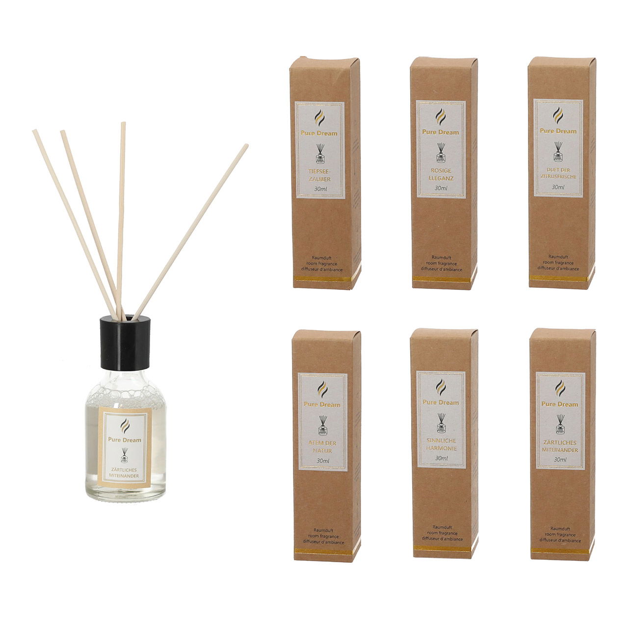 Kamerparfum Classic 30ml 4x rotan stokjes veiligheidsdop van glas transparant 6-voudig, Lavendel, Oceaan, Roos, Vanille, Citrus, Muskus