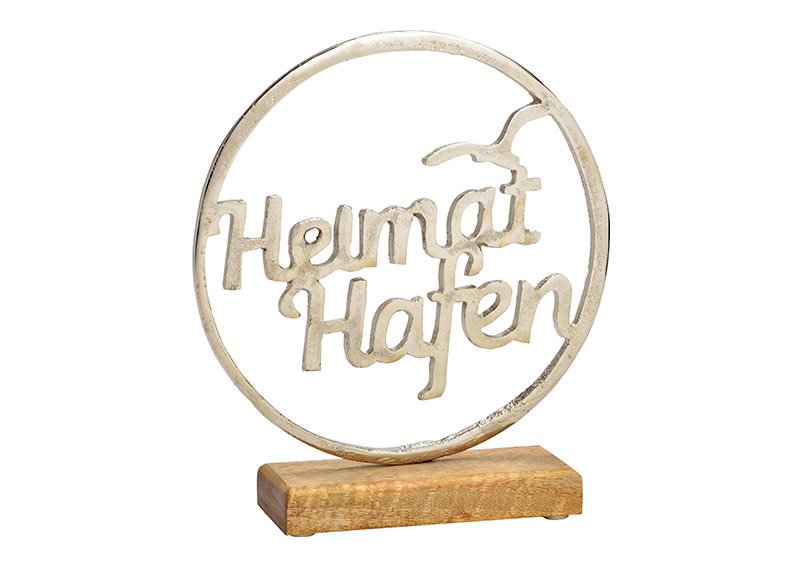 Aufsteller Schriftzug, Heimat Hafen, auf Mangoholz Sockel, aus Metall silber (B/H/T) 21x24x5cm