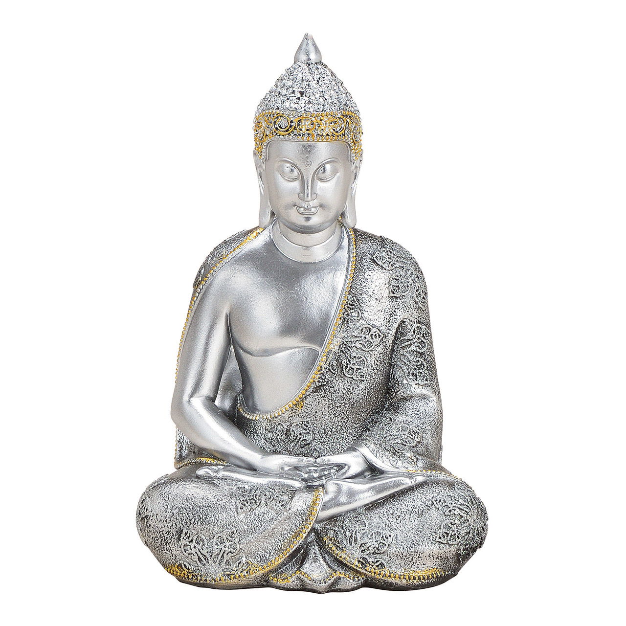 Buddha aus Poly Silber (B/H/T) 13x21x11cm