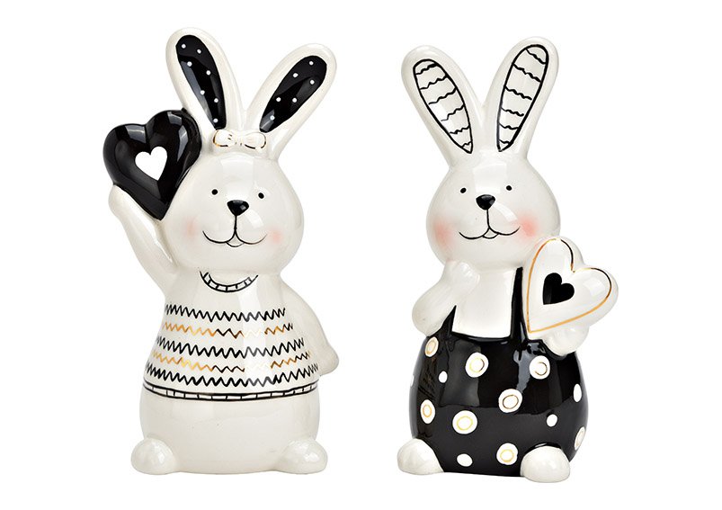 Coniglietto con cuore in ceramica bianca, nera, oro 2 pieghe, (L/H/D) 10x19x8cm