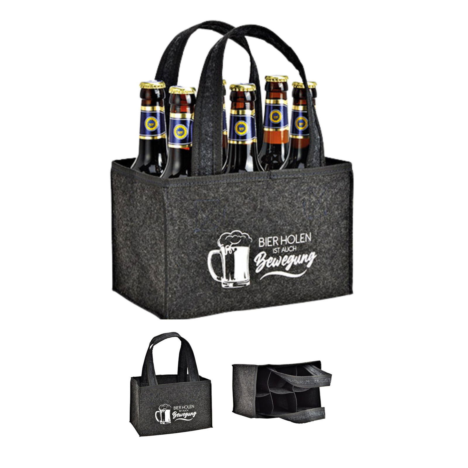 Flaschentasche mit 6 Fächern, Bier holen ist auch Bewegung aus Filz grau (B/H/T) 24x15x5cm Bier, Tasche, Handtasche, Flasche, Tragetasche