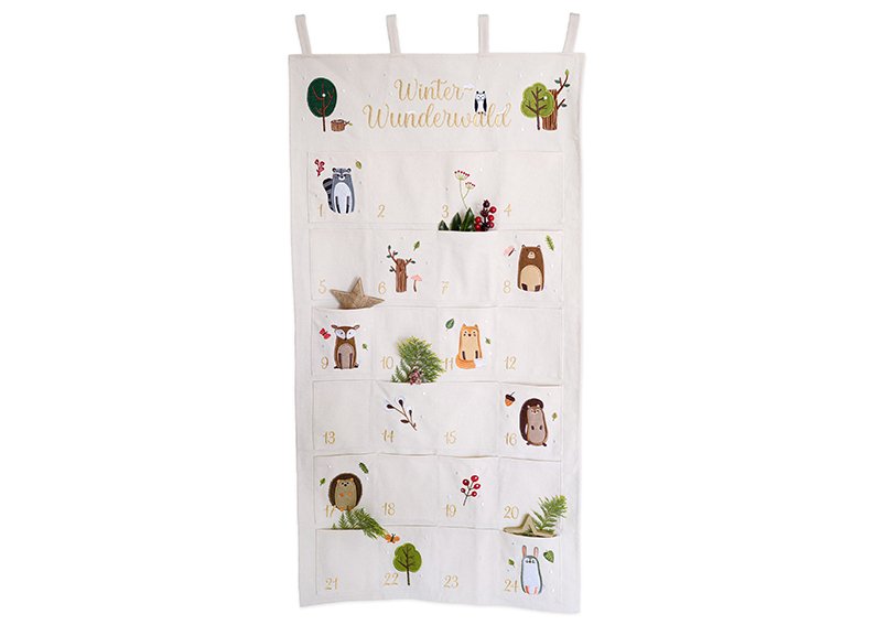 Advent calendar forest animals made of cotton beige (W/H) 60x120cm, bag 13x14cm, high-quality embroidery, loops for hanging