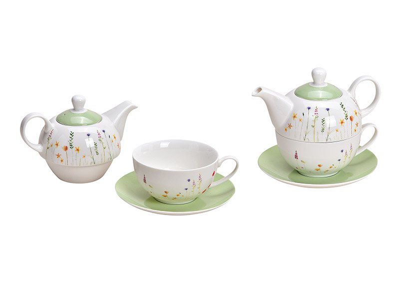 Teapot-set of 3 flower design, porcelain, white, (w/h/d) 16x15x15cm 450ml, mug 300ml